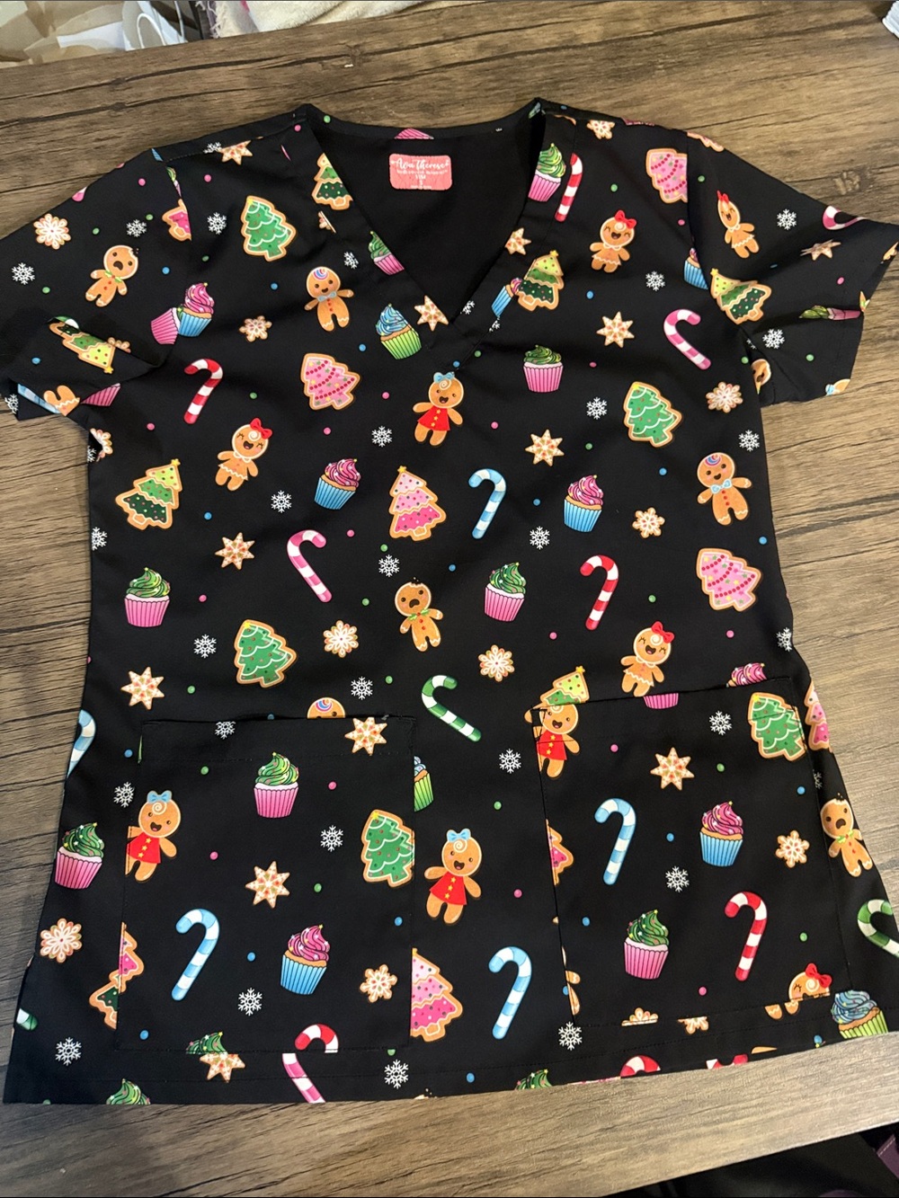 Women's Black Holiday Candy Print Scrub Top by Ava Therese